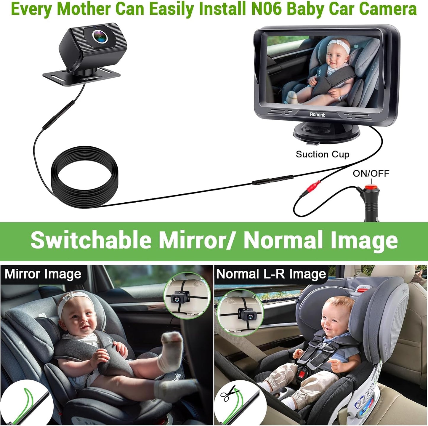 Baby Car Monitor 1080P – HD Camera with Night Vision & 4.3" Display, 5-Min Install