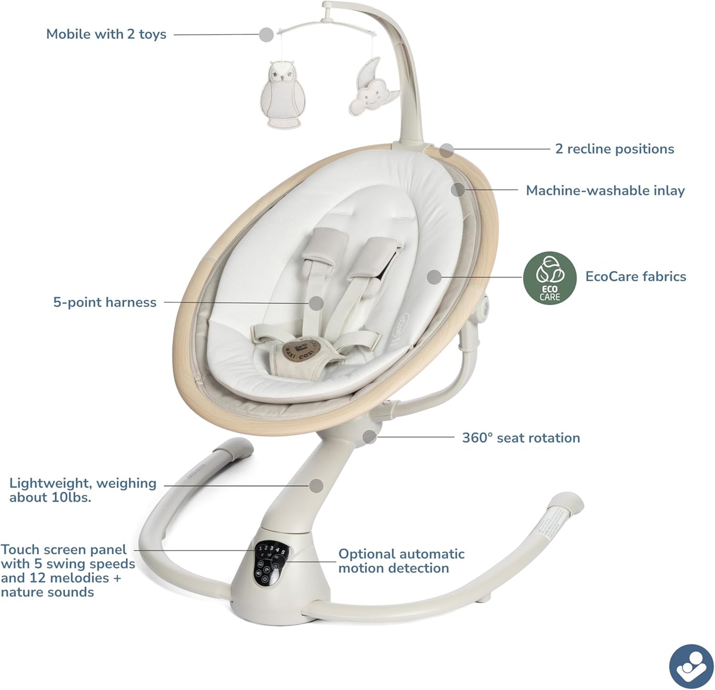 Maxi-Cosi Cassia Smart Portable Baby Swing | 360° Rotation, Music, Lightweight