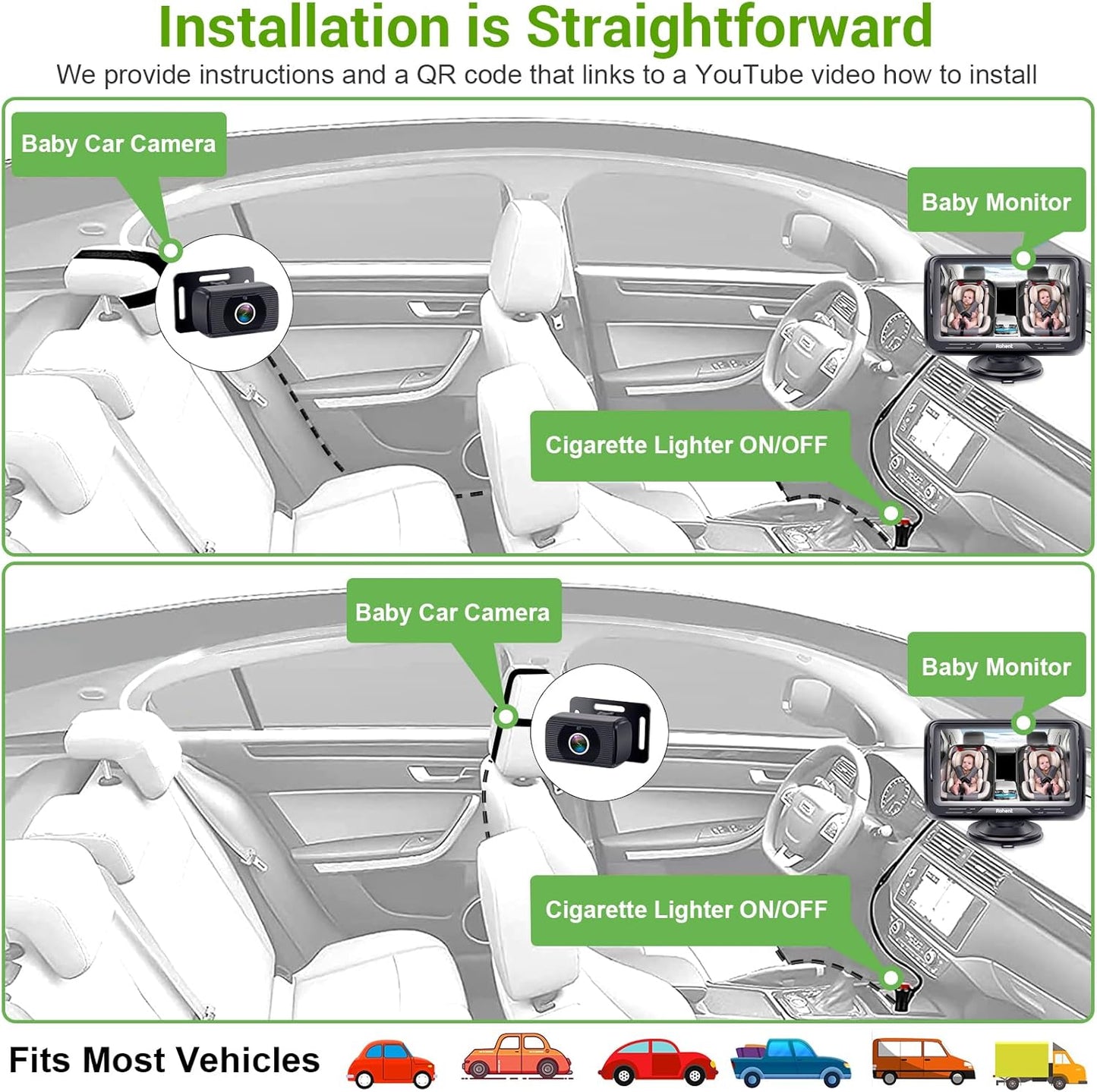 Baby Car Monitor 1080P – HD Camera with Night Vision & 4.3" Display, 5-Min Install