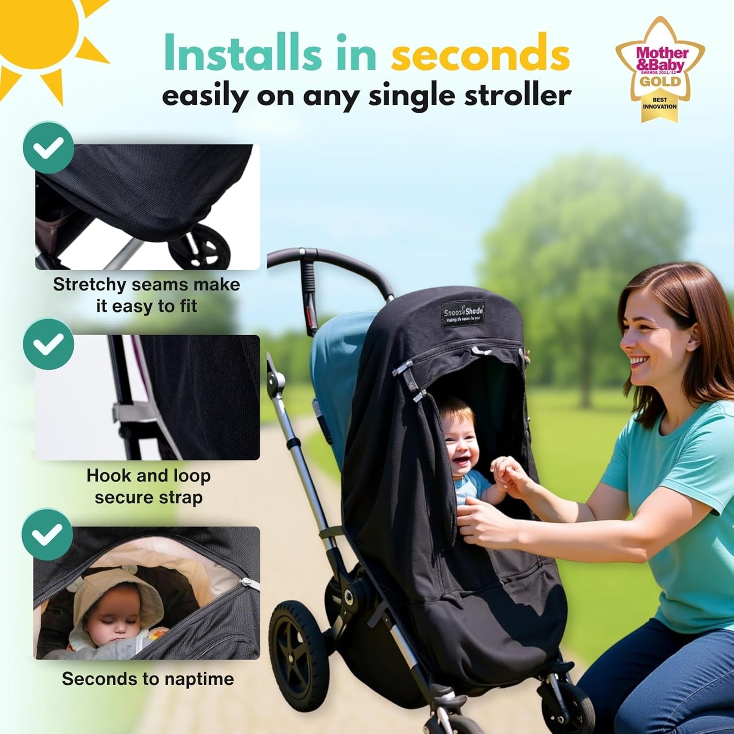 SnoozeShade Plus Extra – UPF50+ Stroller Sun Shade & Blackout Cover (99% UV Block)