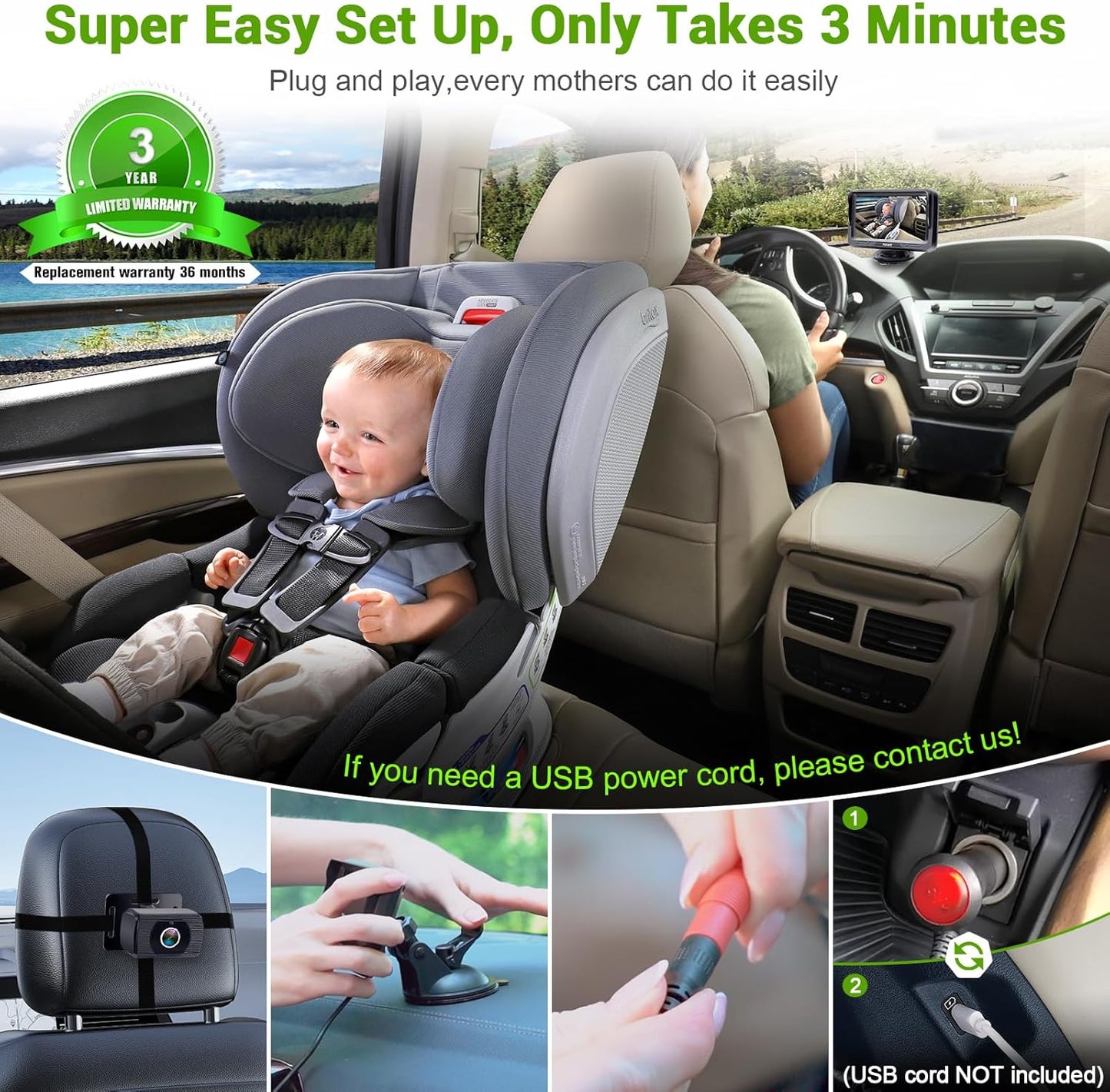 Baby Car Monitor 1080P – HD Camera with Night Vision & 4.3" Display, 5-Min Install